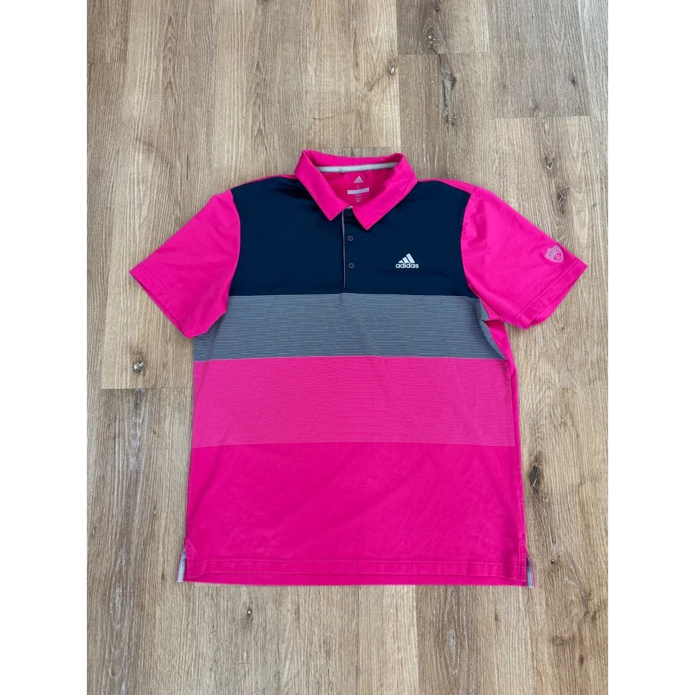 Adidas Gorpcore Preppy Golf Polo Shirt Mens L Pink Navy Blue Striped Colorblock